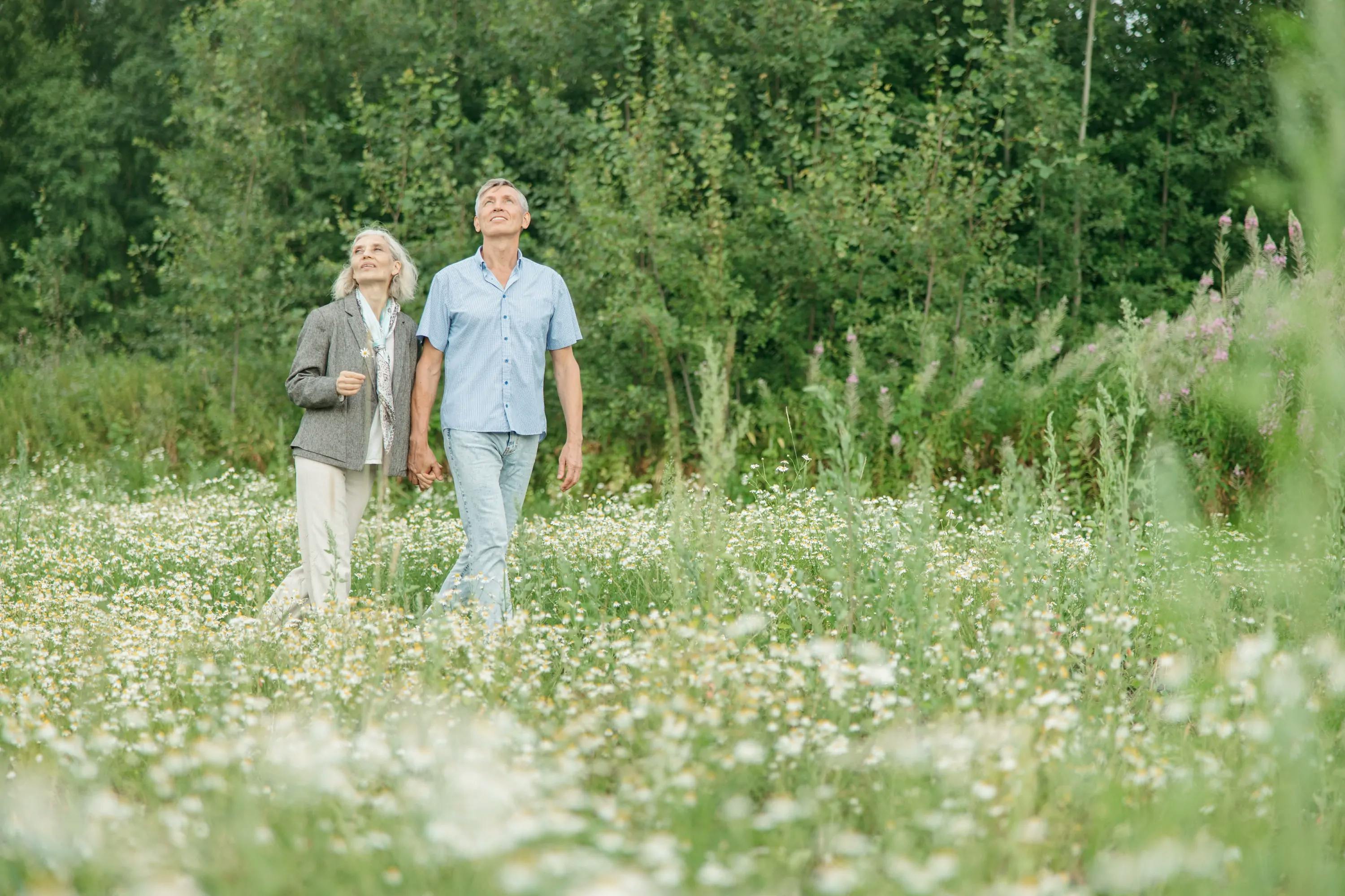 Older caucasian husband and wife, holding hands while walking through a field of white flowers near a forest.
